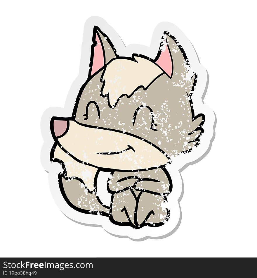 distressed sticker of a friendly cartoon wolf