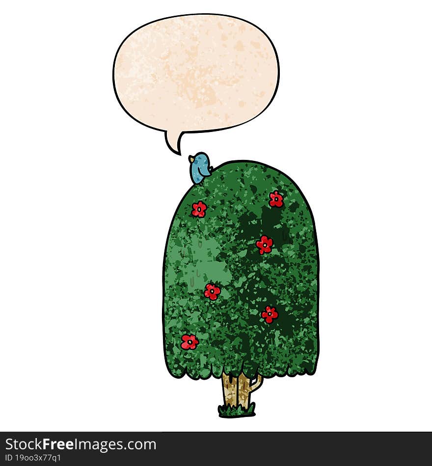 cartoon tall tree and speech bubble in retro texture style