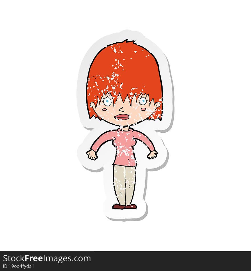 retro distressed sticker of a cartoon woman staring