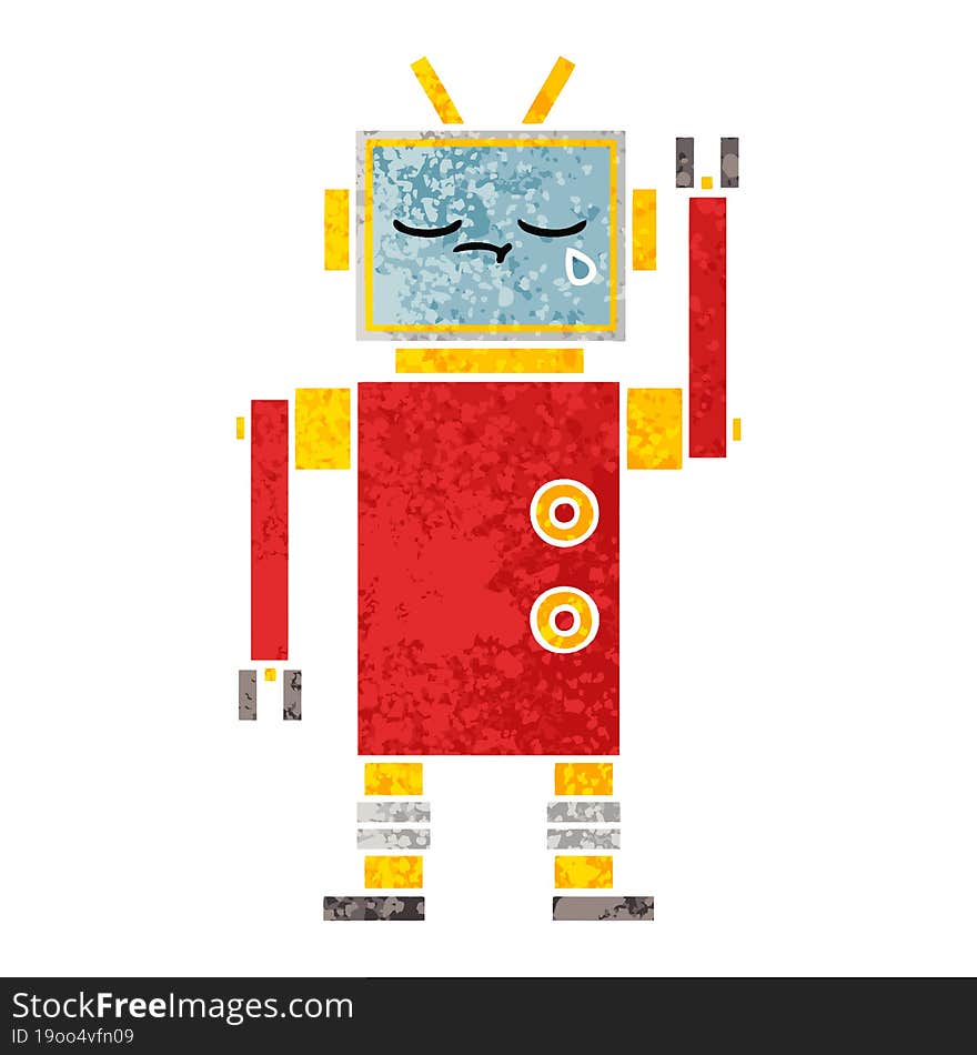 retro illustration style cartoon of a crying robot