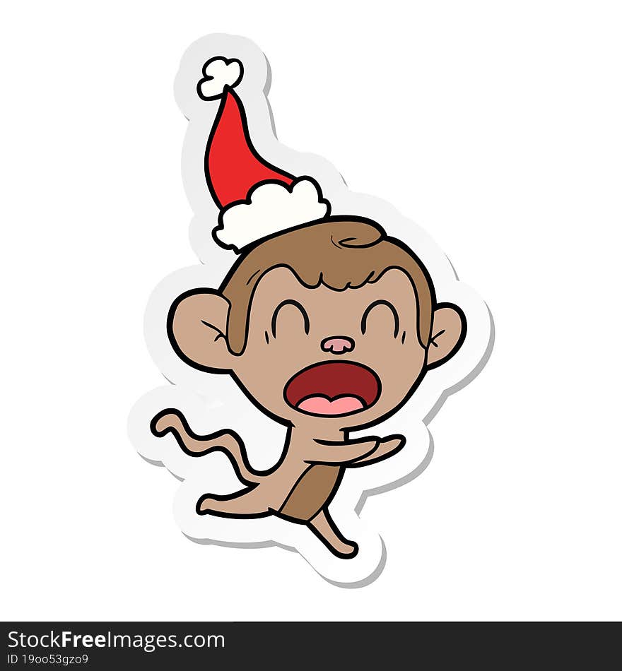 shouting sticker cartoon of a monkey wearing santa hat