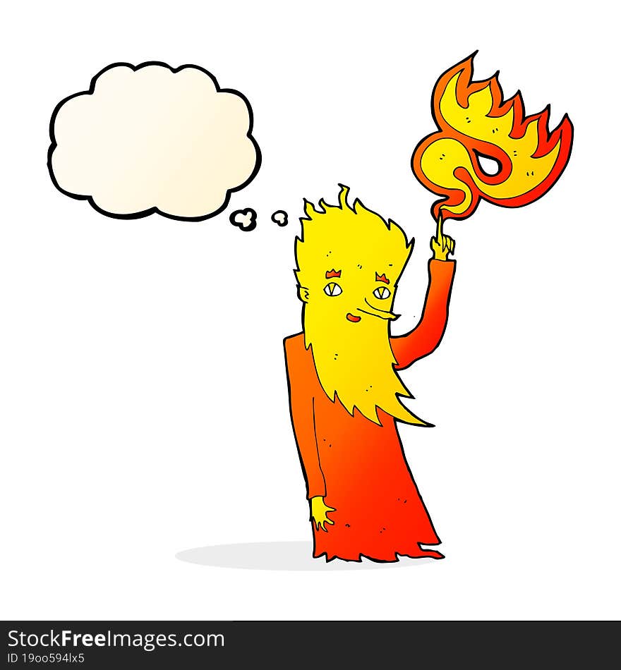 cartoon fire spirit with thought bubble