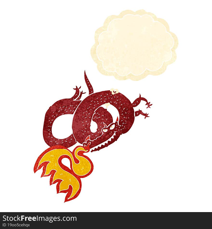 cartoon dragon breathing fire with thought bubble