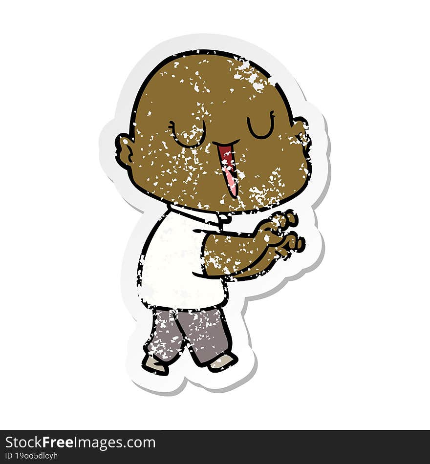 distressed sticker of a happy cartoon bald man