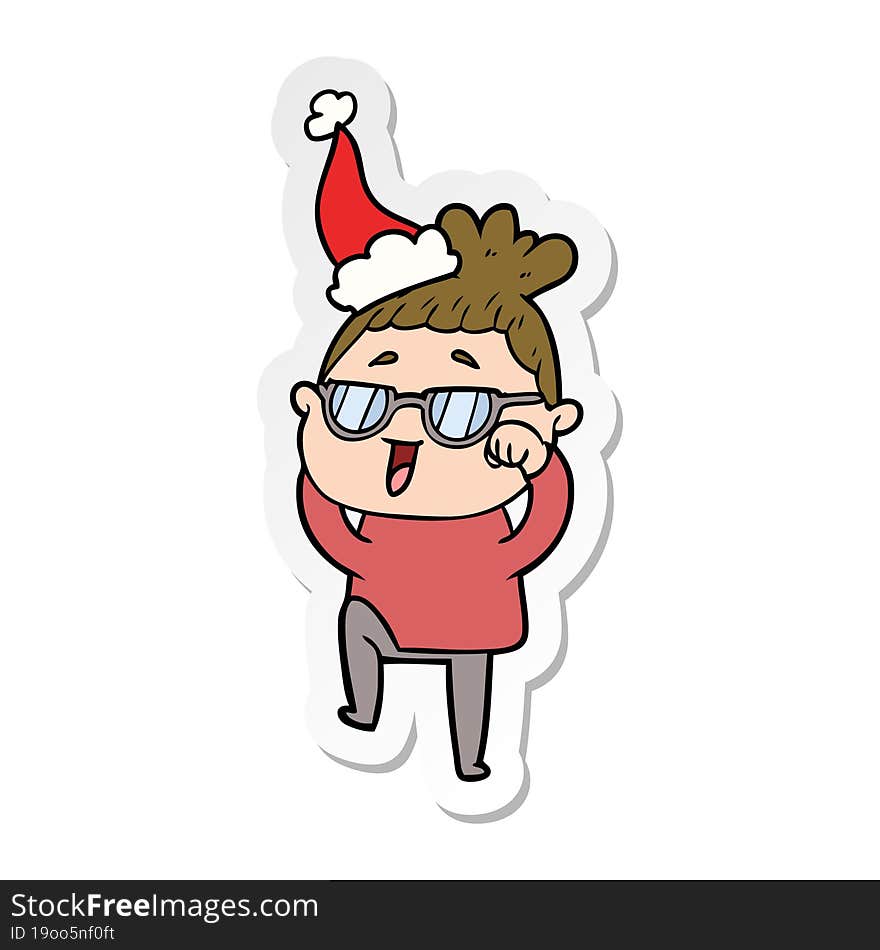 sticker cartoon of a happy woman wearing spectacles wearing santa hat