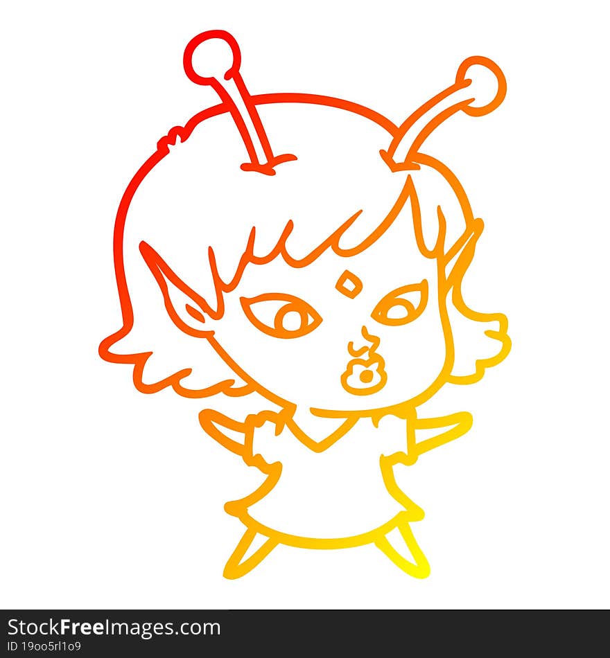 warm gradient line drawing pretty cartoon alien girl