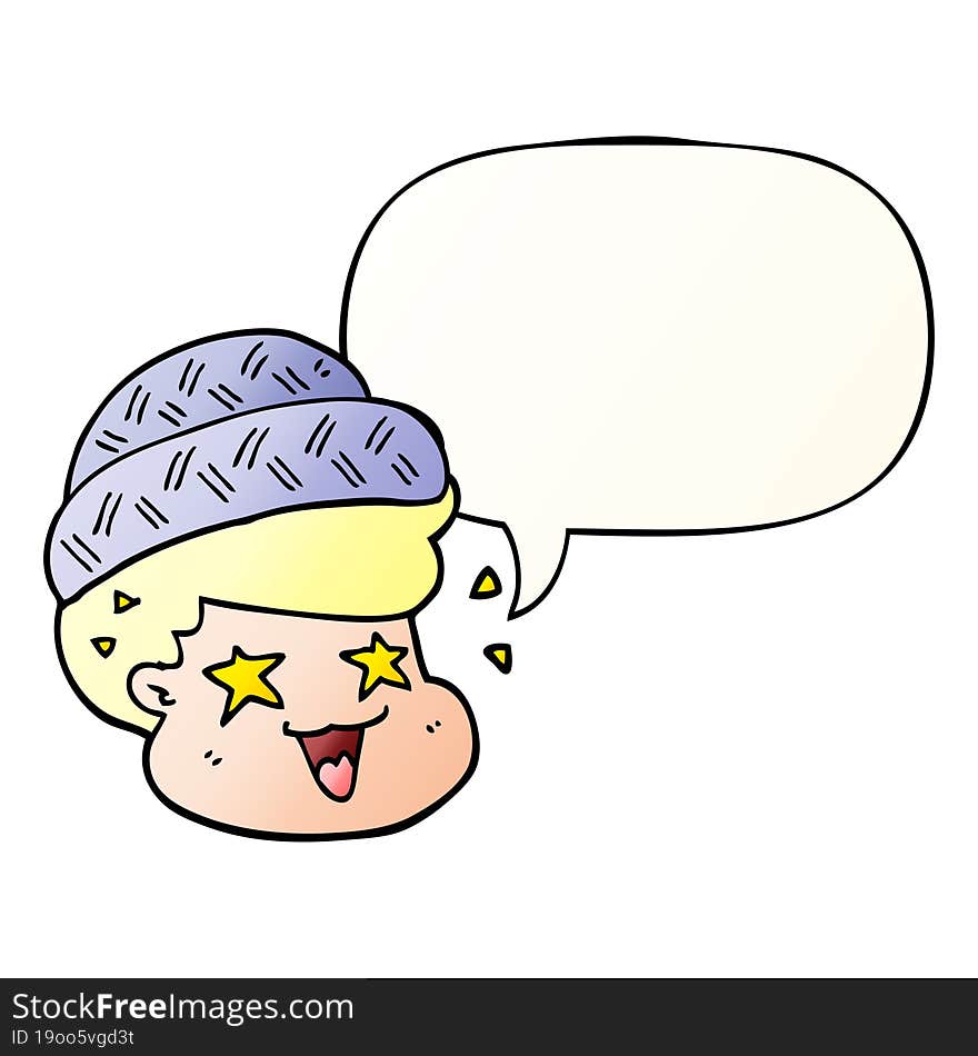 Cartoon Boy Wearing Hat And Speech Bubble In Smooth Gradient Style