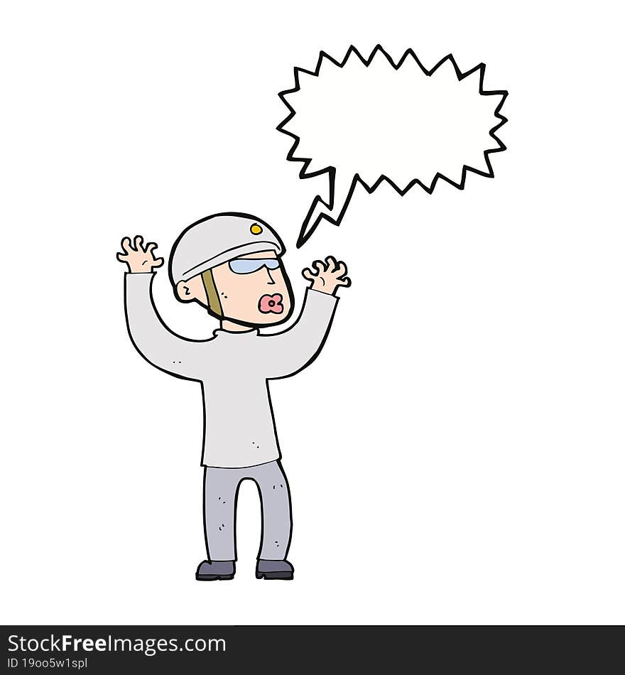 cartoon security man panicking with speech bubble