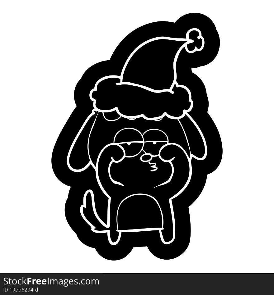 Cartoon Icon Of A Tired Dog Wearing Santa Hat