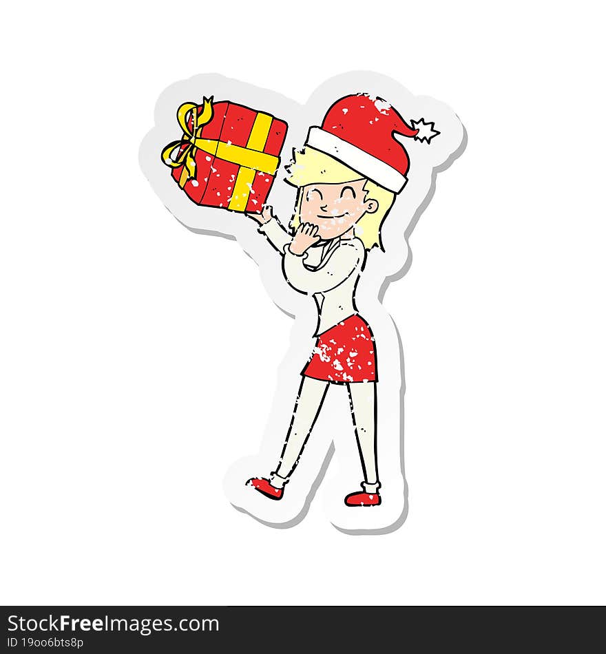 retro distressed sticker of a cartoon woman with present