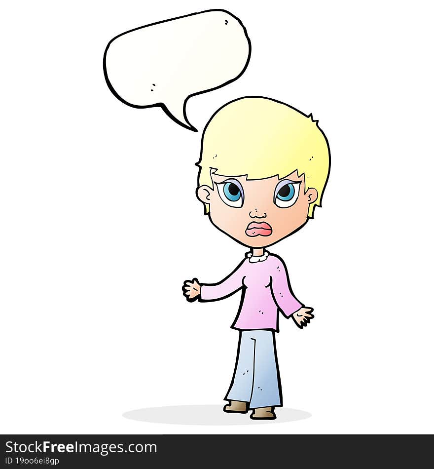 cartoon woman shrugging shoulders with speech bubble