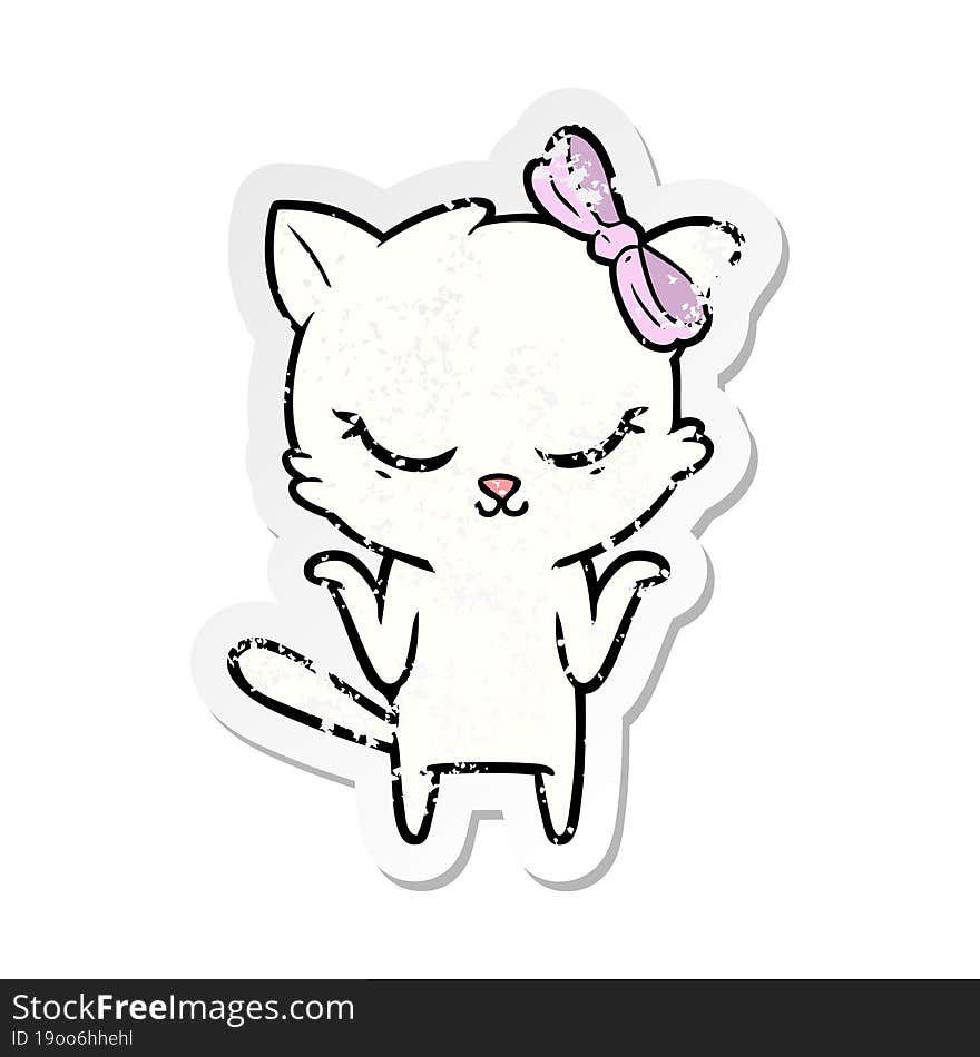 distressed sticker of a cute cartoon cat with bow