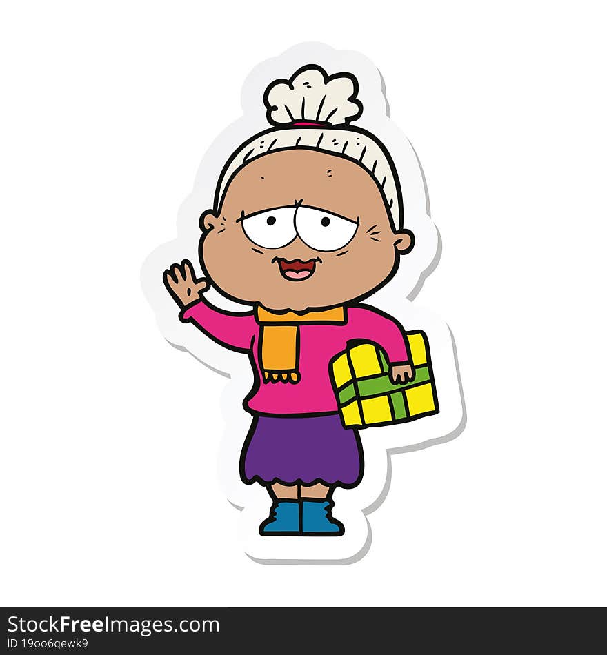 sticker of a cartoon happy old lady