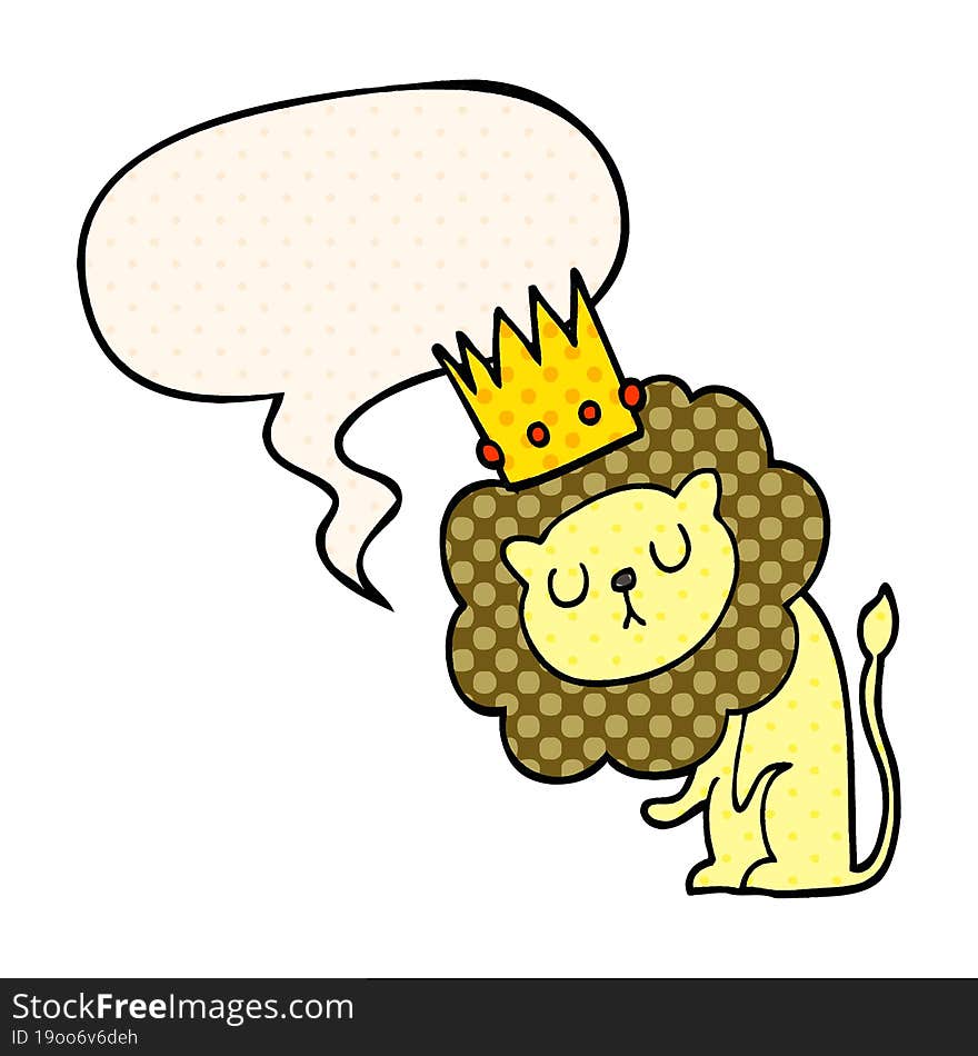 cartoon lion and crown and speech bubble in comic book style