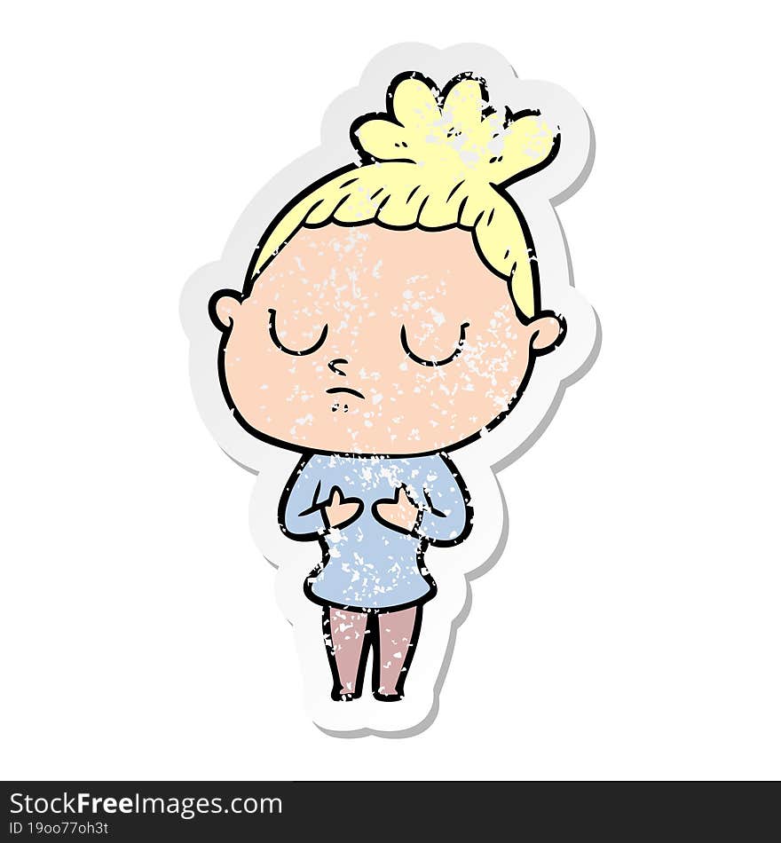 Distressed Sticker Of A Cartoon Calm Woman