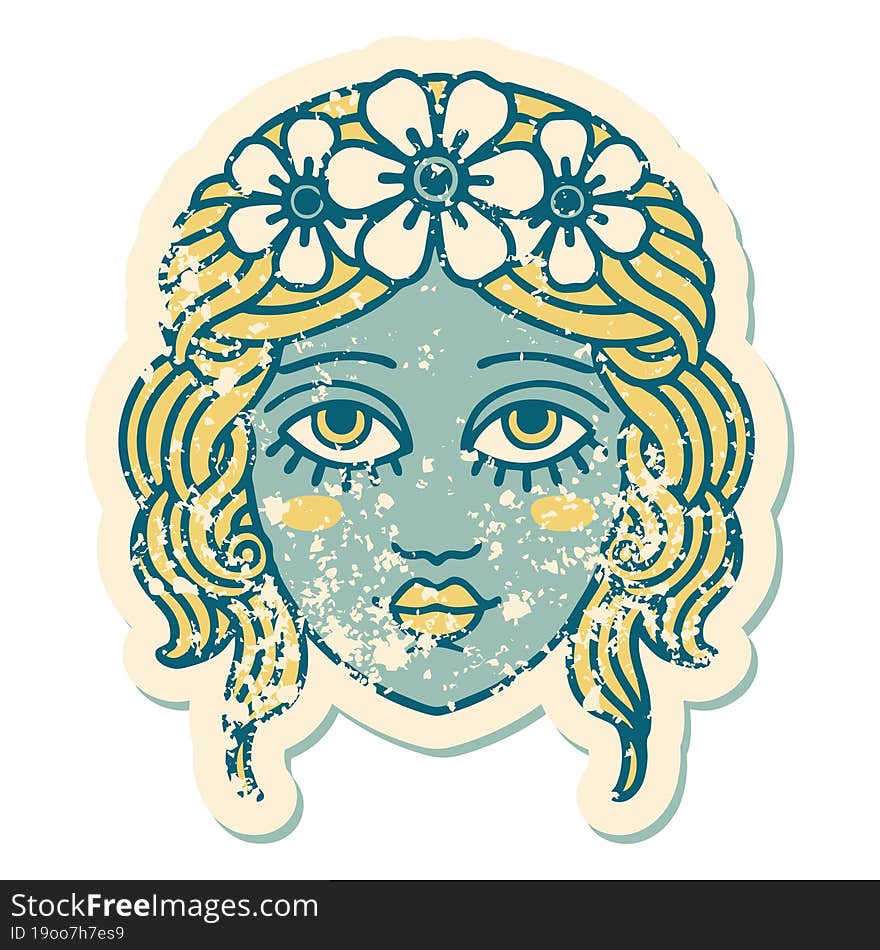 distressed sticker tattoo style icon of female face with crown of flowers