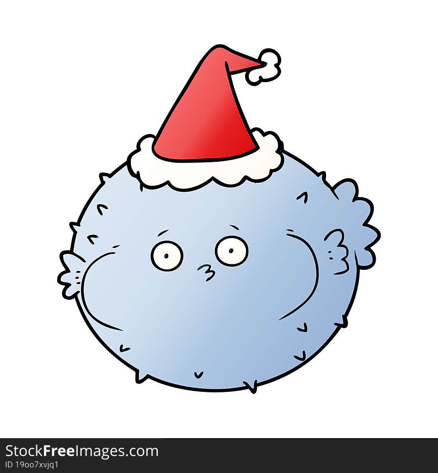 hand drawn gradient cartoon of a puffer fish wearing santa hat