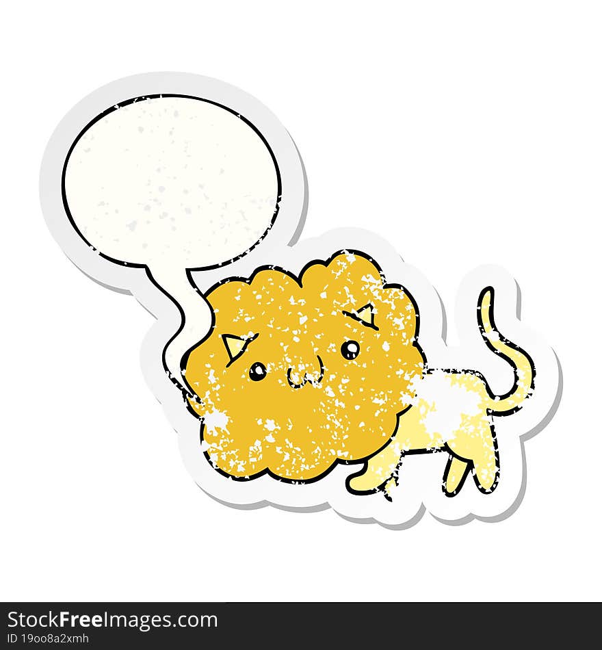 cute cartoon lion and speech bubble distressed sticker