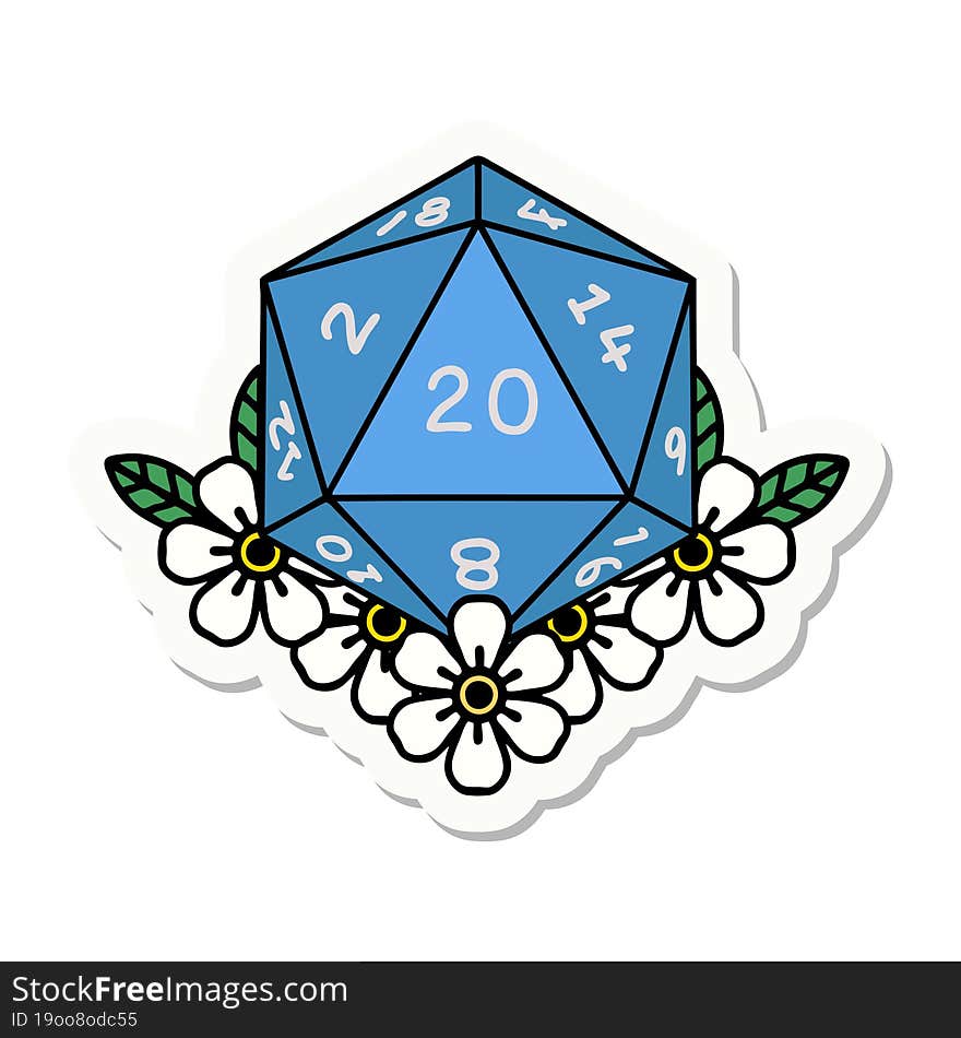 sticker of a natural 20 D20 dice roll with floral elements. sticker of a natural 20 D20 dice roll with floral elements