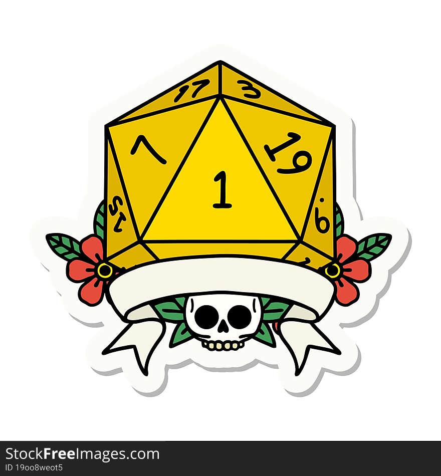 sticker of a natural one d20 dice roll. sticker of a natural one d20 dice roll