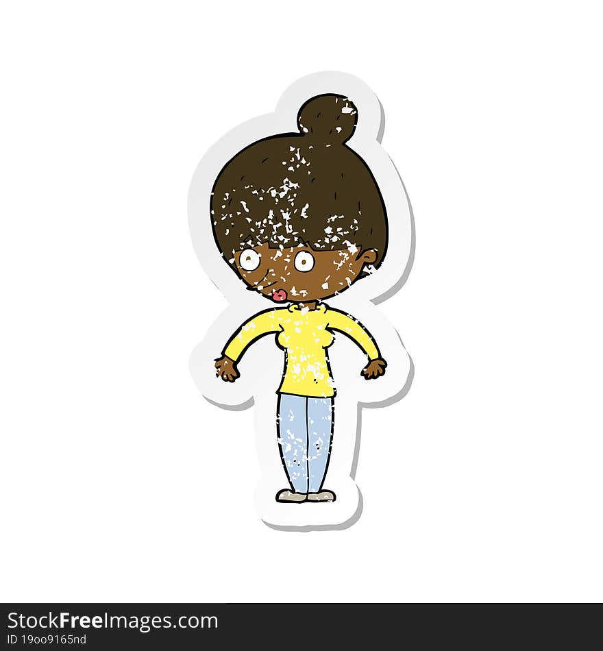 retro distressed sticker of a cartoon woman staring