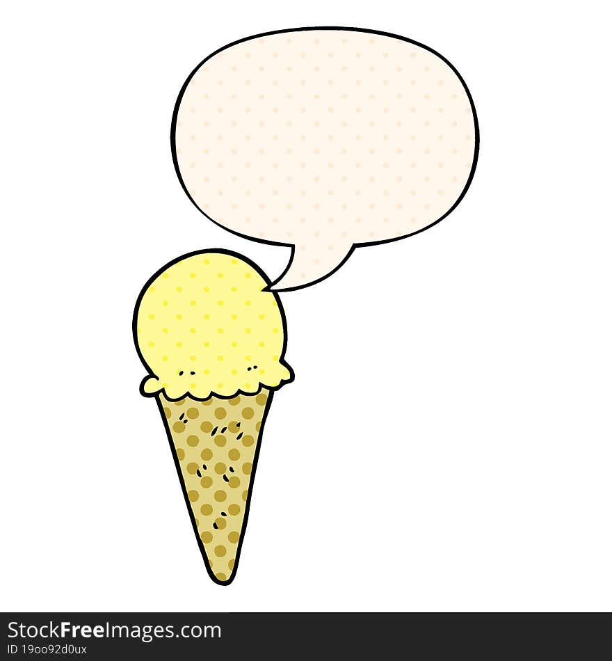 cartoon ice cream and speech bubble in comic book style