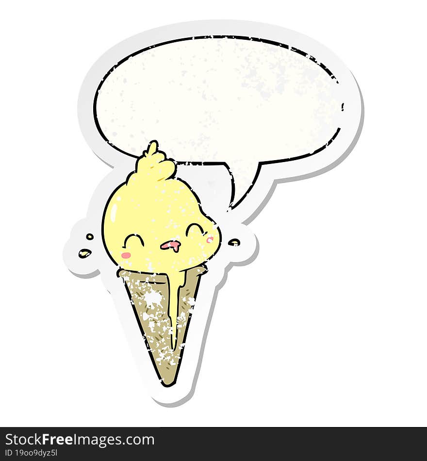 cute cartoon ice cream with speech bubble distressed distressed old sticker. cute cartoon ice cream with speech bubble distressed distressed old sticker