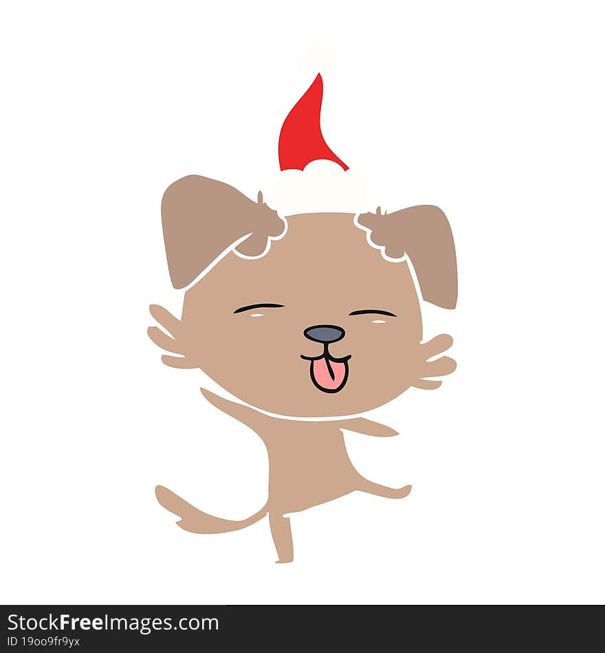 flat color illustration of a dancing dog wearing santa hat