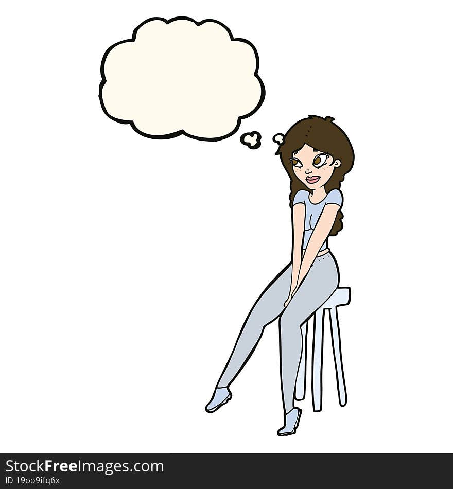 Cartoon Pretty Girl On Stool With Thought Bubble