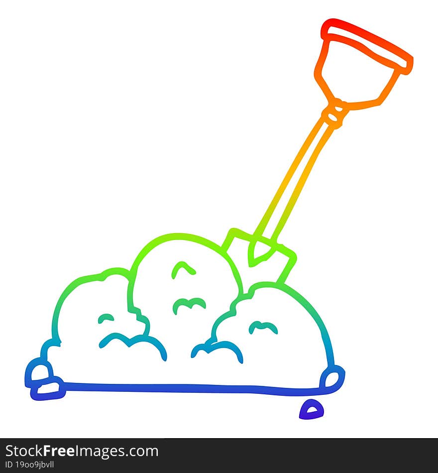 rainbow gradient line drawing cartoon shovel in dirt