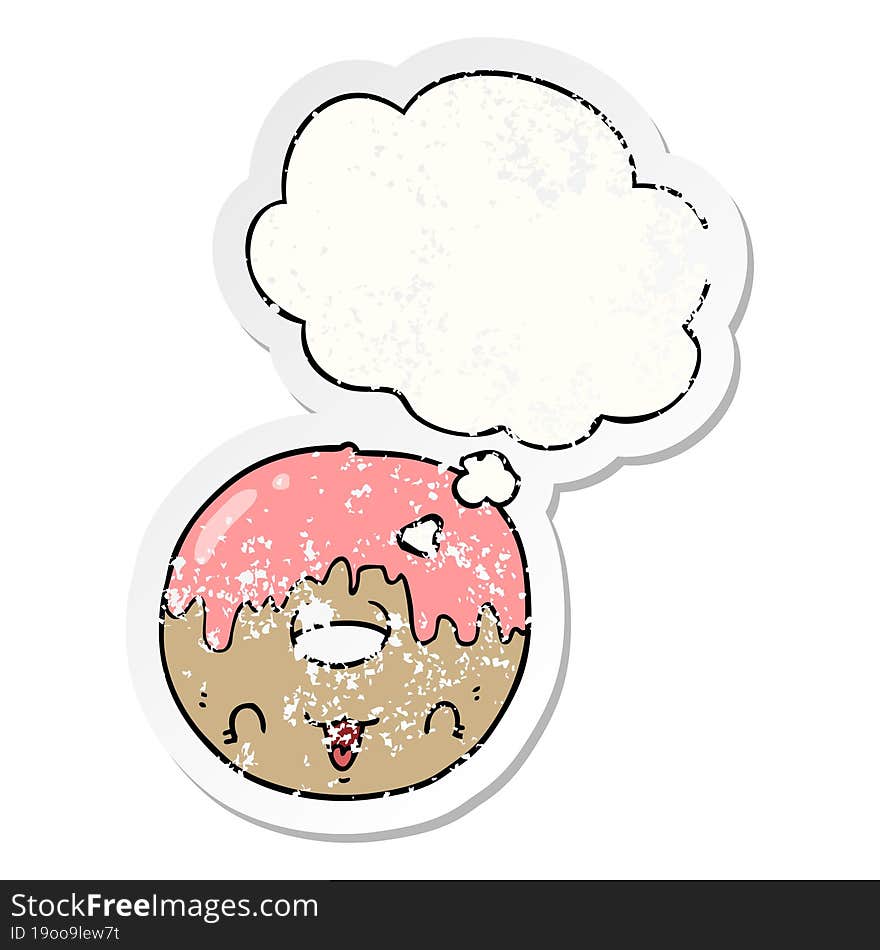 cute cartoon donut and thought bubble as a distressed worn sticker