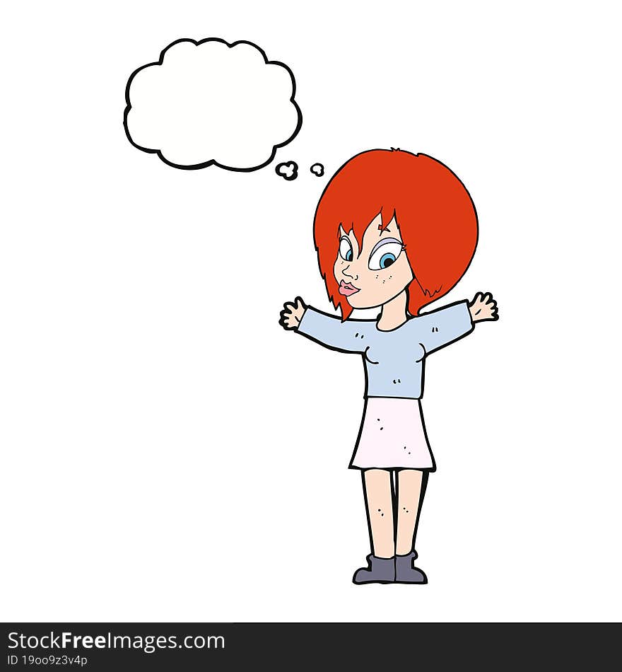 cartoon woman with open arms with thought bubble