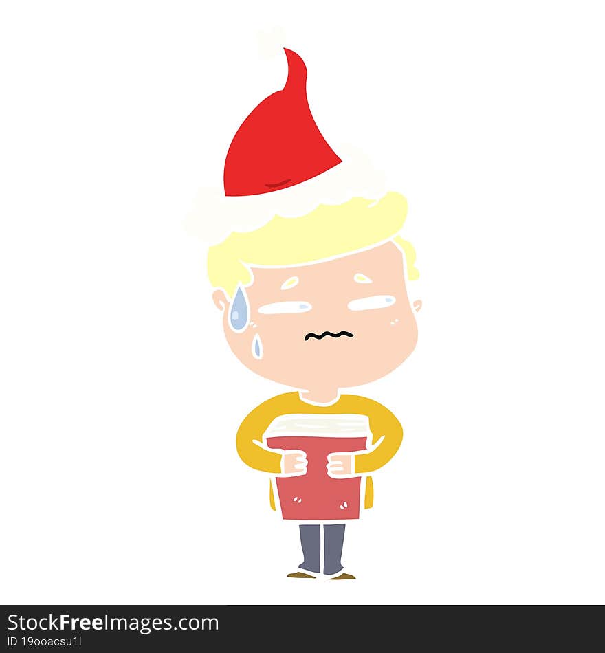 flat color illustration of a anxious boy carrying book wearing santa hat