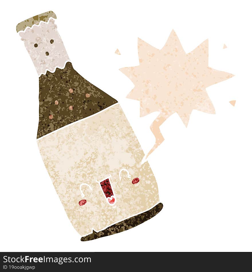 Cartoon Beer Bottle And Speech Bubble In Retro Textured Style