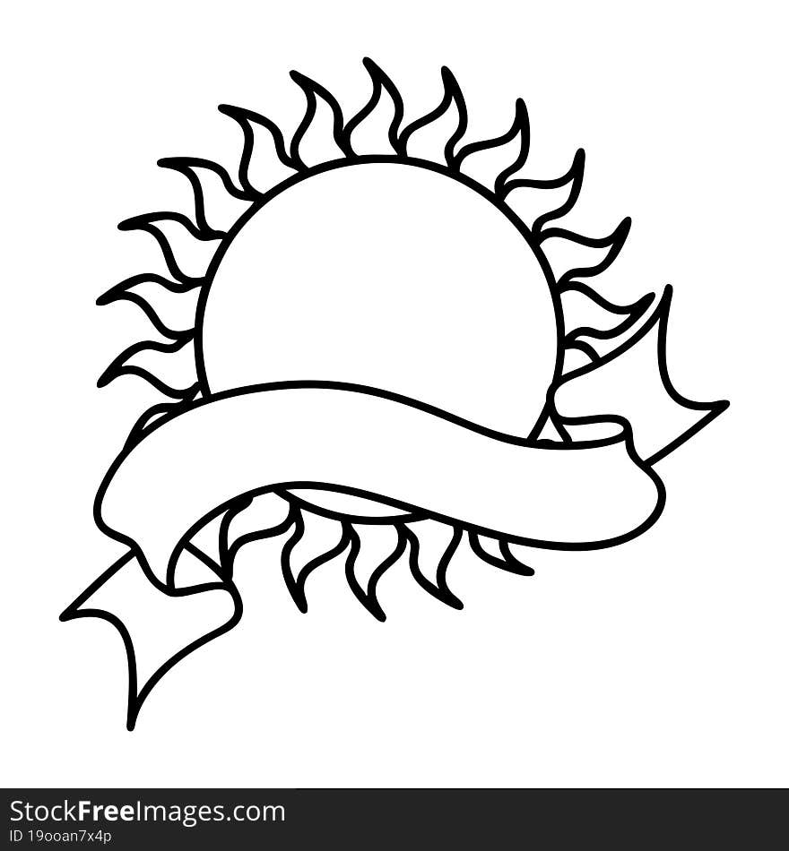 black linework tattoo with banner of a sun