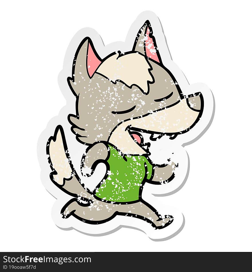 Distressed Sticker Of A Cartoon Running Wolf Laughing