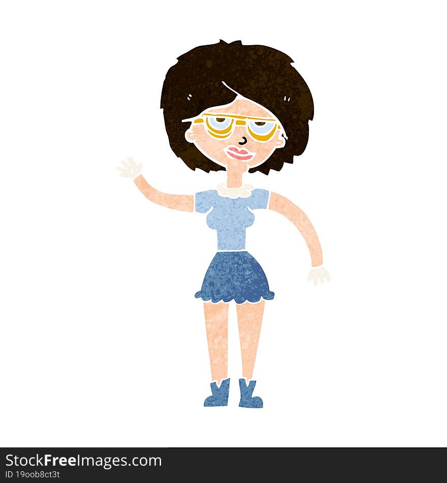 Cartoon Waving Woman Wearing Spectacles