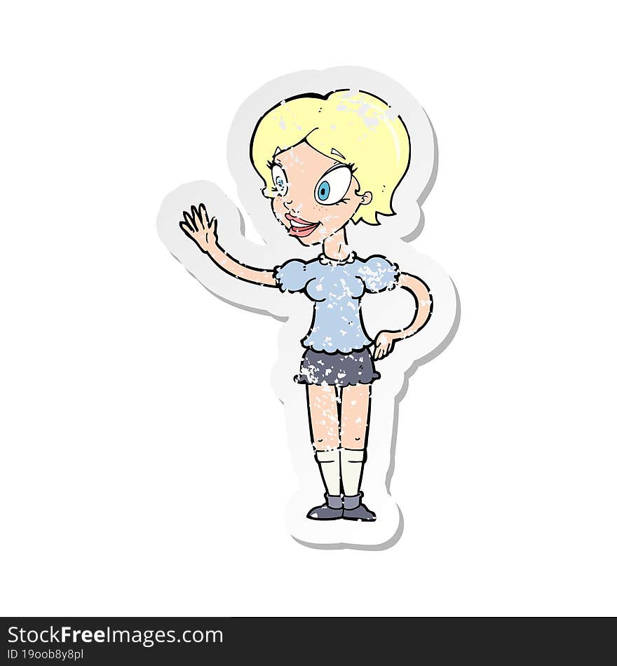 Retro Distressed Sticker Of A Cartoon Waving Woman