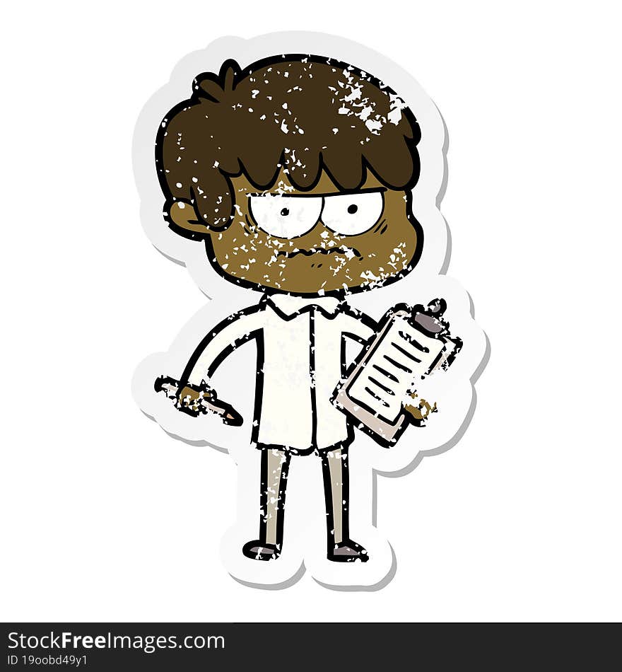 distressed sticker of a annoyed cartoon boy