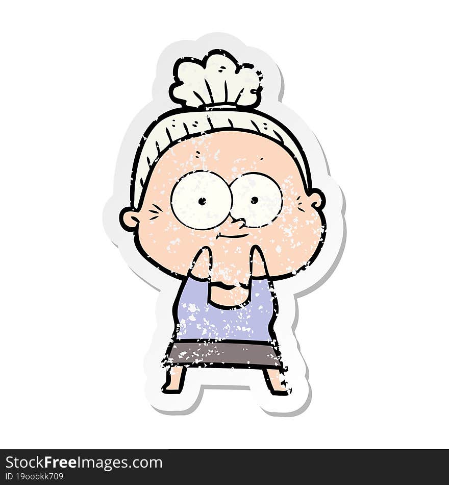 distressed sticker of a cartoon happy old woman