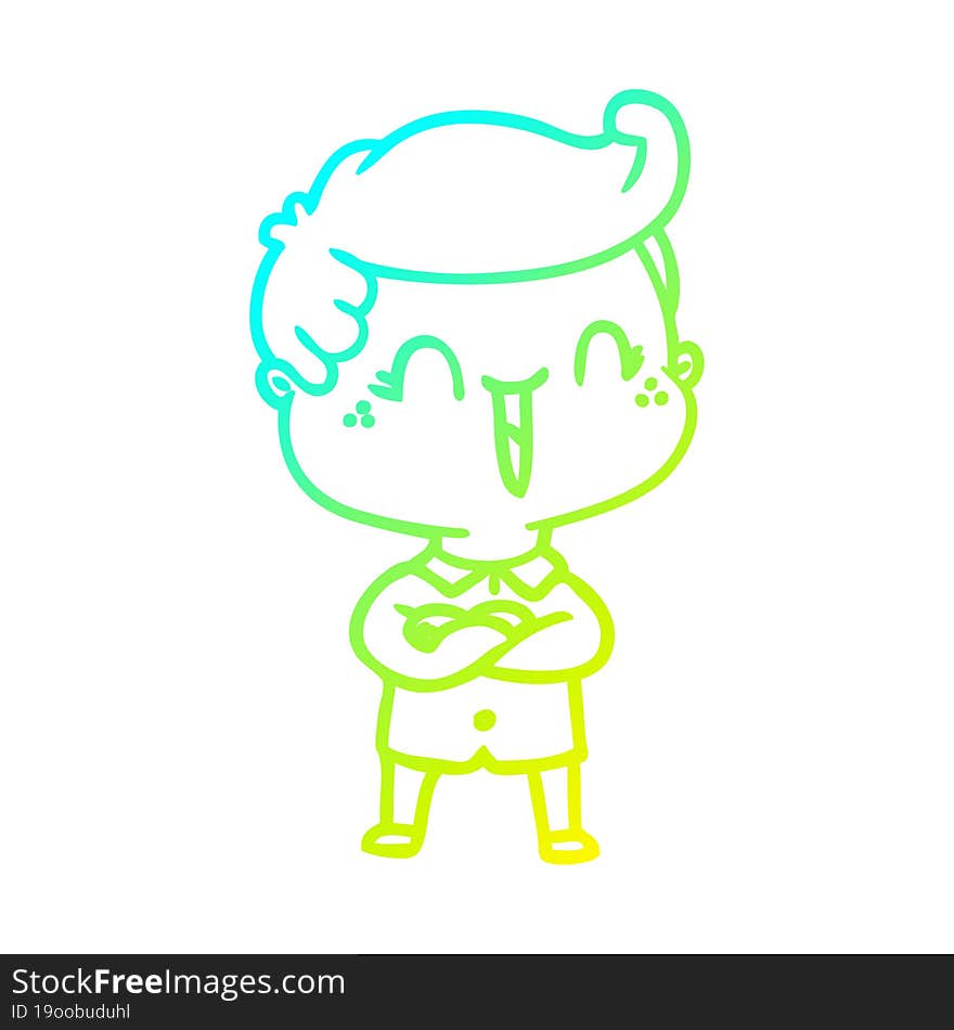 cold gradient line drawing of a cartoon laughing boy crossing arms