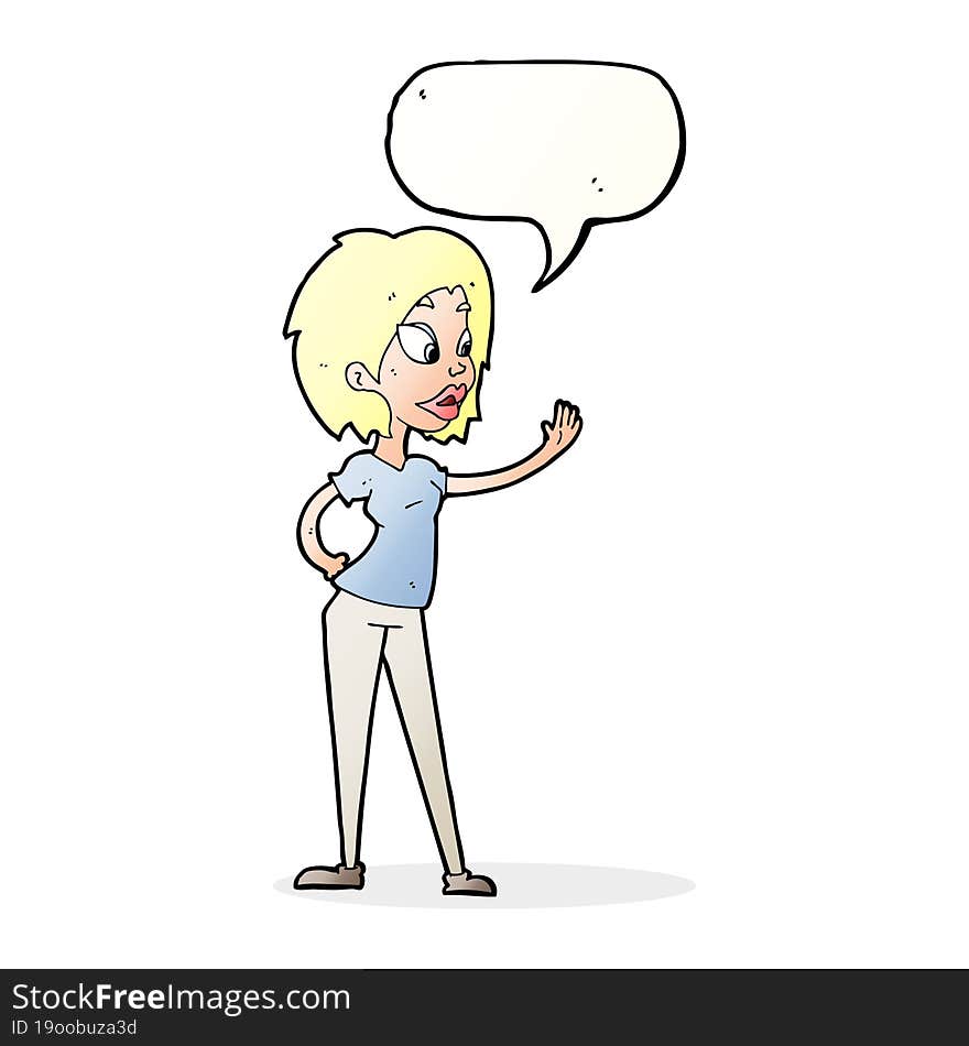 cartoon woman waving with speech bubble