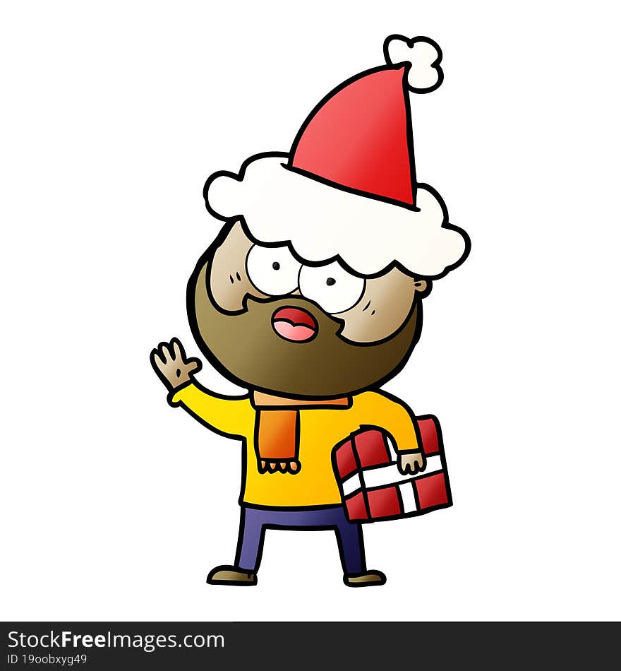 hand drawn gradient cartoon of a bearded man with present wearing santa hat