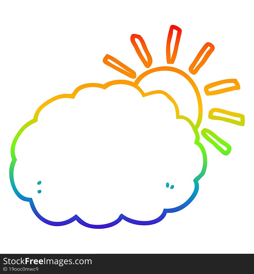 rainbow gradient line drawing of a cartoon sun and cloud symbol