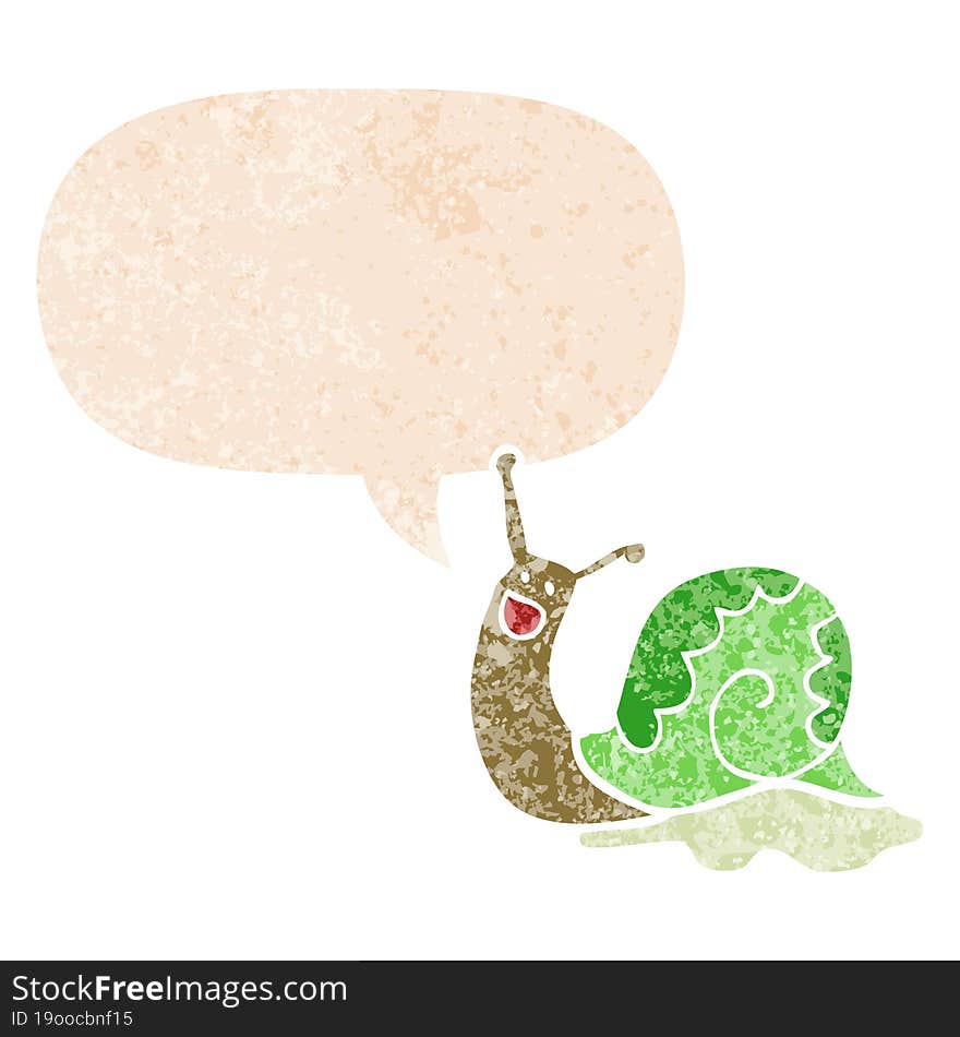 cute cartoon snail and speech bubble in retro textured style