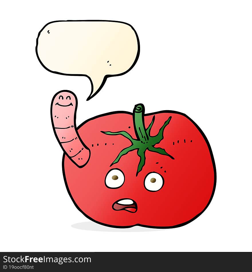 cartoon tomato with worm with speech bubble