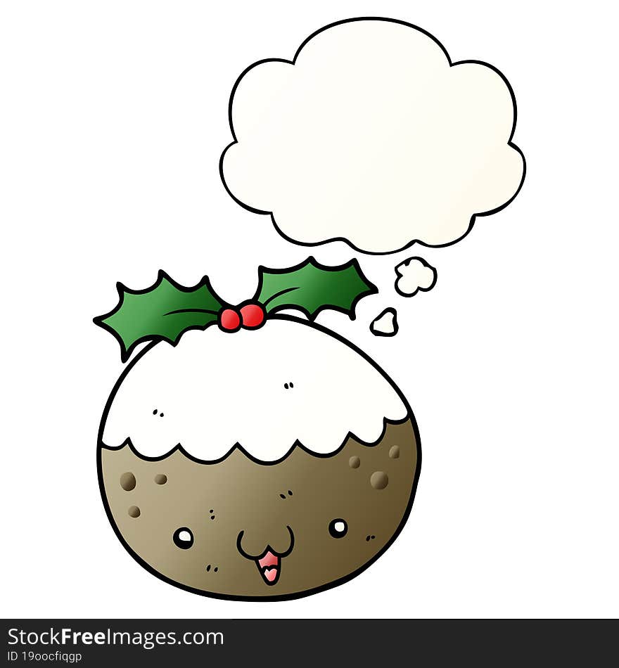 cute cartoon christmas pudding and thought bubble in smooth gradient style