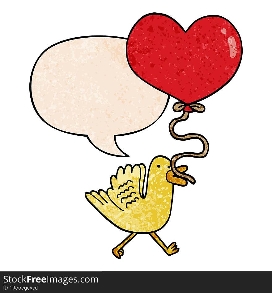 cartoon bird with heart balloon with speech bubble in retro texture style. cartoon bird with heart balloon with speech bubble in retro texture style