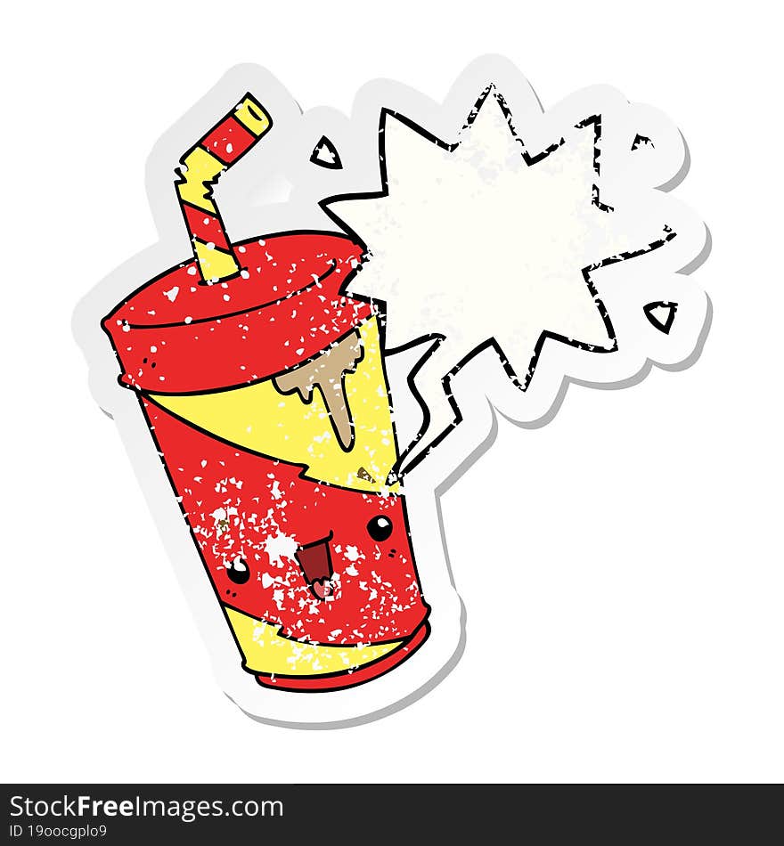 cute cartoon soda and speech bubble distressed sticker