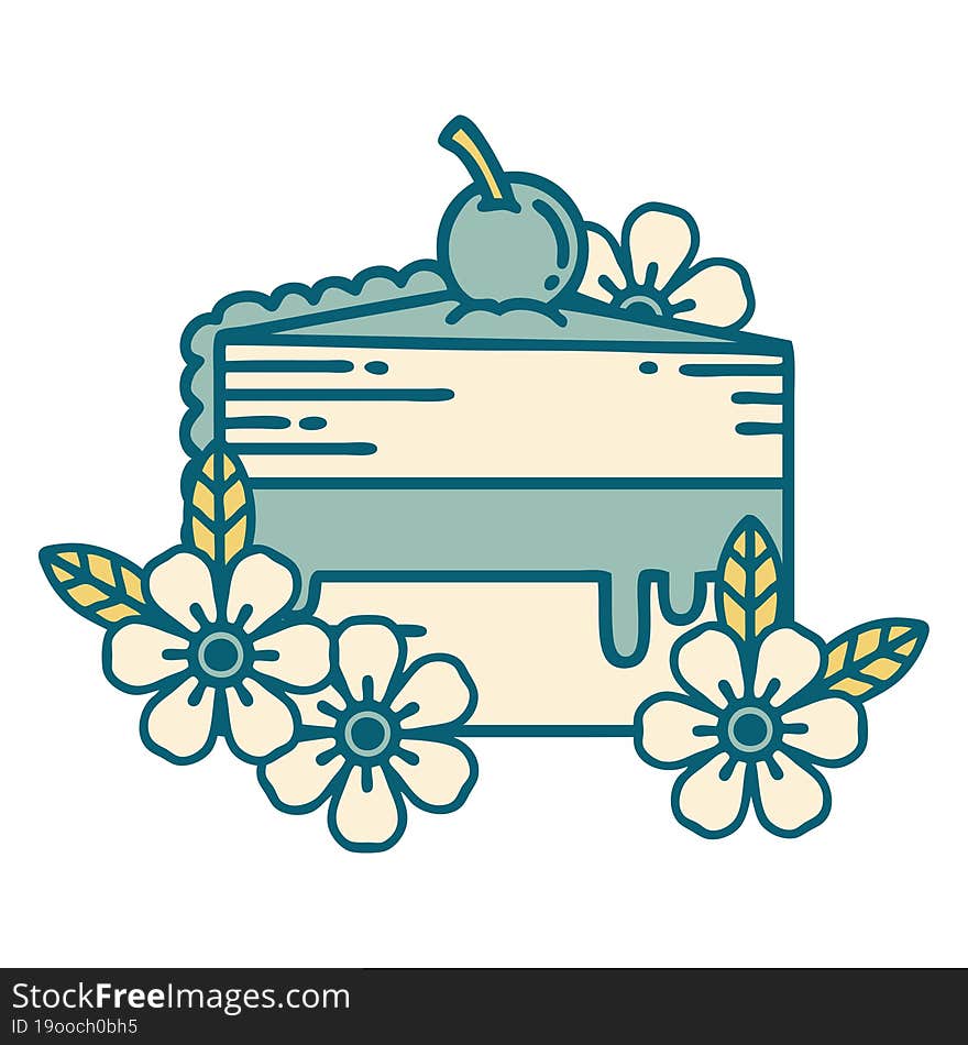 tattoo style icon of a slice of cake and flowers